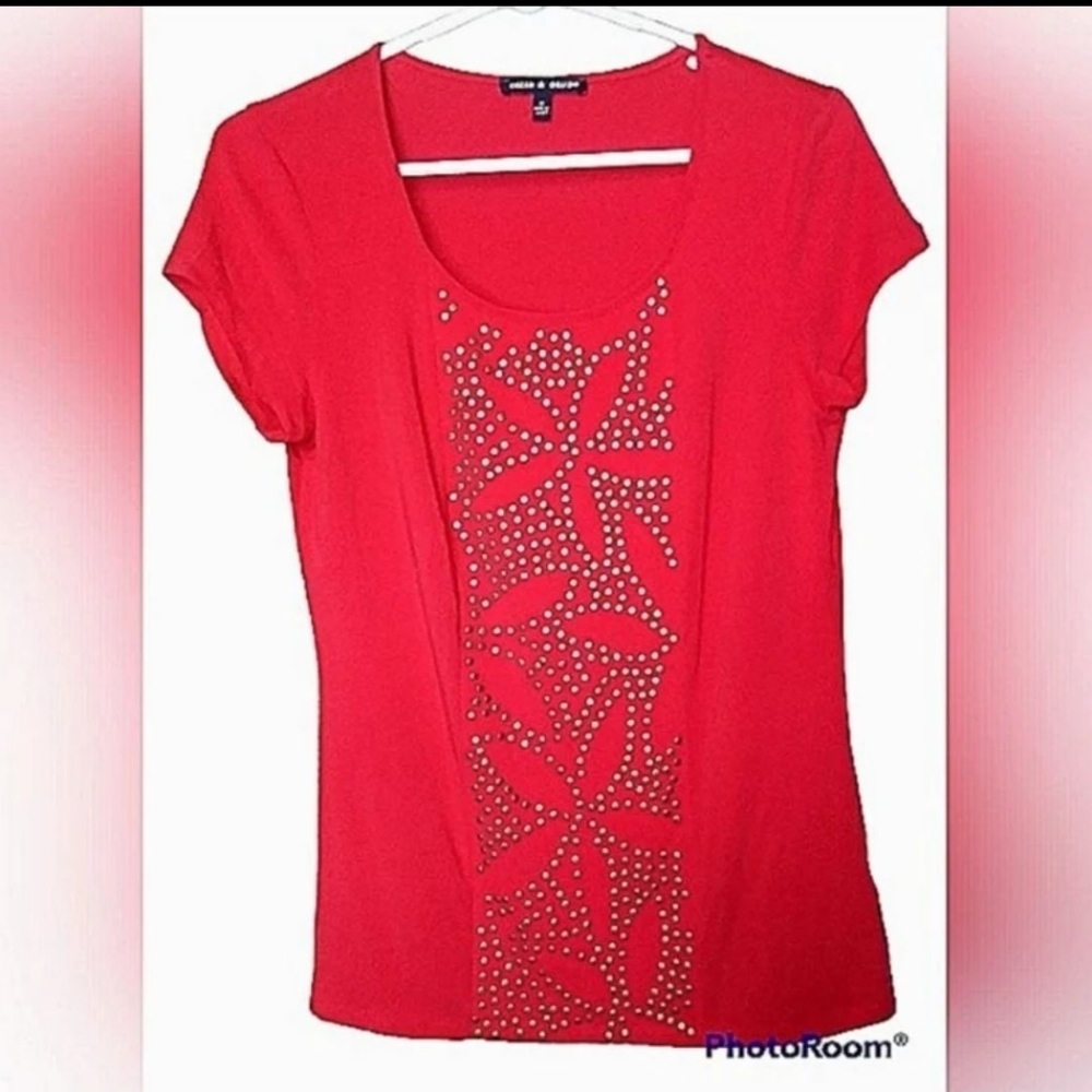 Cable & Gauge Scoop Neck Top Metal Design Red Size M